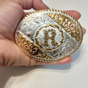 Crumrine Gold and Silversmiths Western Tradition Buckle Belt ingraving Inicial R